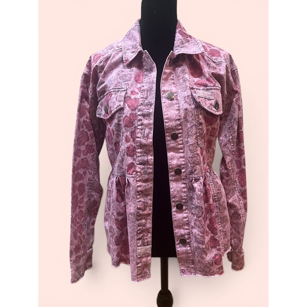 Mystree Pink Snake Print Peplum Denim Jacket | Size Small